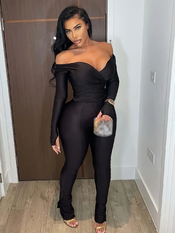 Weekend Discounts to Love Sixsr Elegant Solid Two-piece Set, V-neck Long Sleeve Top & Skinny Leggings Outfits, Women's Clothing