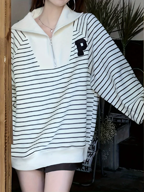 Weekend Specials to Relish Sixsr Letter Patch Striped Print Sweatshirt, Casual Long Sleeve Quarter Zip Sweatshirt For Fall & Winter, Women's Clothing Weekend Specials to Relish Sixsr Letter Patch Striped Print Sweatshirt, Casual Long Sleeve Quarter Zip Sweatshirt For Fall & Winter, Women's Clothing