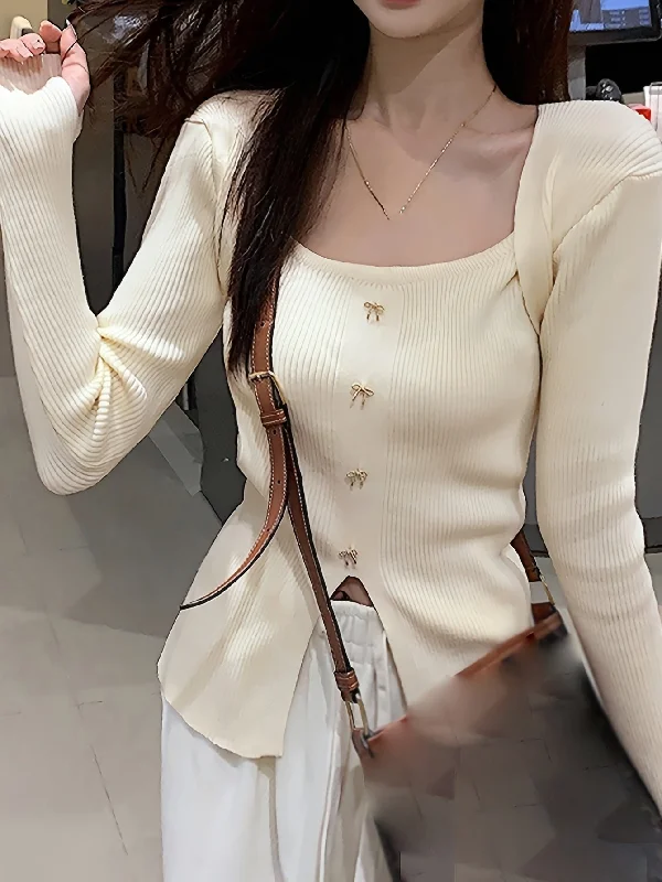 Weekend Discounts to Indulge In Sixsr Solid Bow Front Knitted Top, Elegant Split Long Sleeve Sweater For Spring & Fall, Women's Clothing Weekend Discounts to Indulge In Sixsr Solid Bow Front Knitted Top, Elegant Split Long Sleeve Sweater For Spring & Fall, Women's Clothing