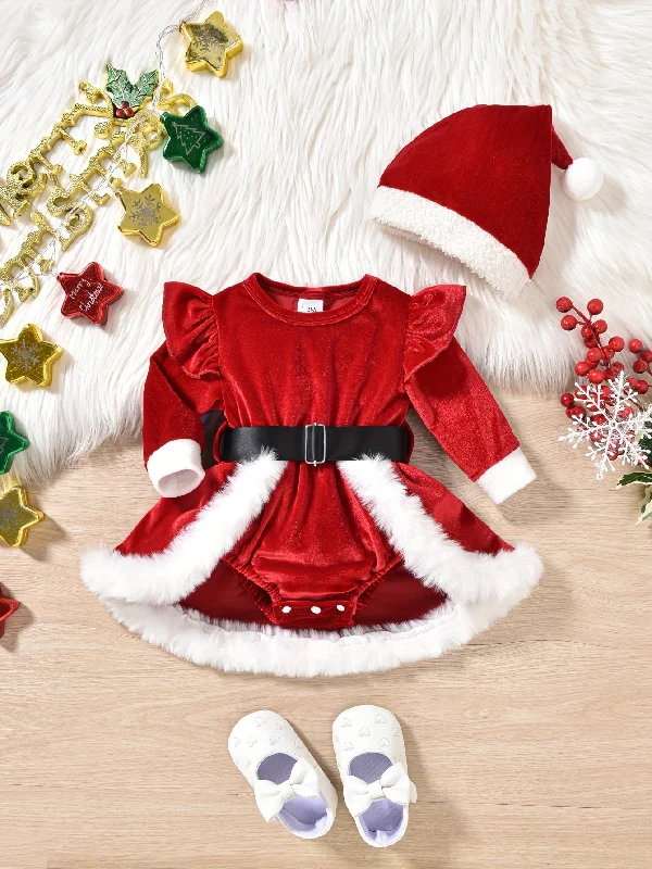 Quick Deals Baby's Christmas Style Elegant Long Sleeve Fuzzy Trim Romper Dress + Hat + Belt, Toddler & Infant Girl's Outdoor Clothing