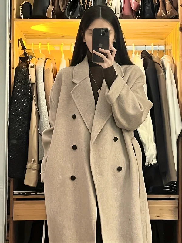 Great Deal Sixsr Solid Double Breasted Belted Overcoat, Elegant Lapel Long Sleeve Pockets Outwear For Fall & Winter, Women's Clothing Great Deal Sixsr Solid Double Breasted Belted Overcoat, Elegant Lapel Long Sleeve Pockets Outwear For Fall & Winter, Women's Clothing