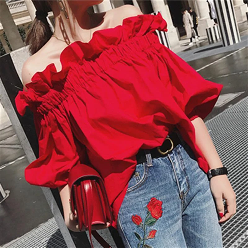 Weekend Deals That Spark Ruffles Fashion Woman Blouse Off the shoulder Youth Elegnat Blouses Luxury Tops Designer Puff sleeve Korean New