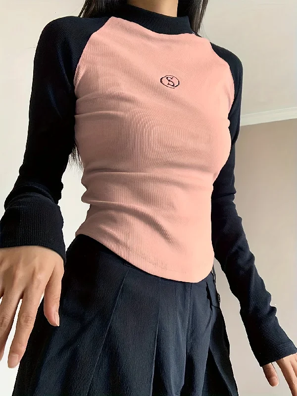 Weekend Savings Sensation Sixsr Graphic Pattern Colorblock Mock Neck T-Shirt, Casual Long Sleeve Top For Spring & Fall, Women's Clothing Weekend Savings Sensation Sixsr Graphic Pattern Colorblock Mock Neck T-Shirt, Casual Long Sleeve Top For Spring & Fall, Women's Clothing