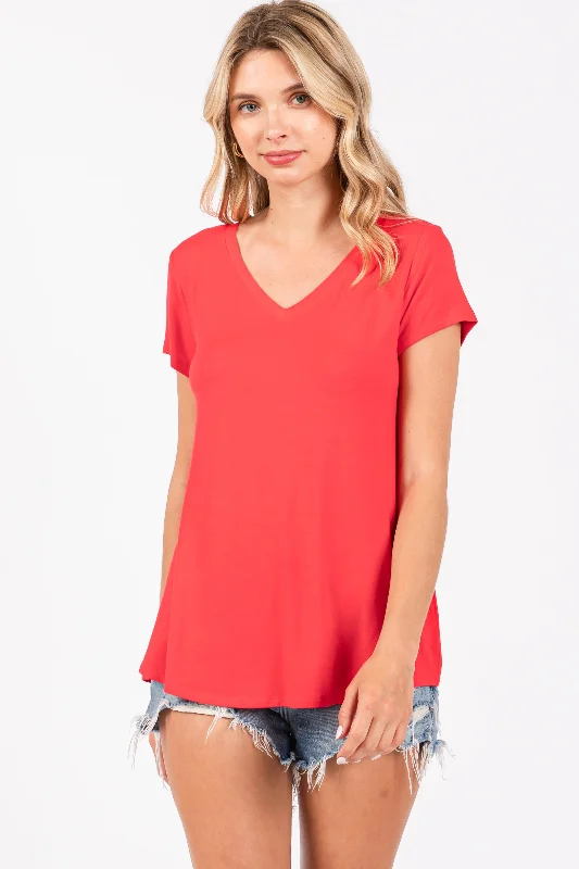 Amazing Value Red Basic V-Neck Short Sleeve Top