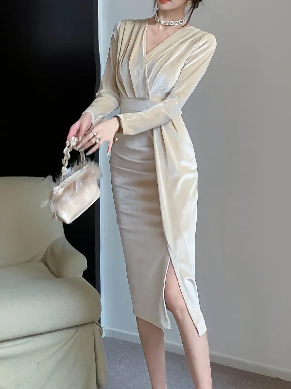 Mega Sale Sixsr Cocktail Velvet Dress, Long Sleeve Elegant Dress, Women's Clothing