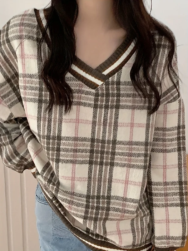 Amazing Value Sixsr Plaid V Neck Pullover Sweater, Casual Long Sleeve Loose Sweater For Fall & Winter, Women's Clothing Amazing Value Sixsr Plaid V Neck Pullover Sweater, Casual Long Sleeve Loose Sweater For Fall & Winter, Women's Clothing