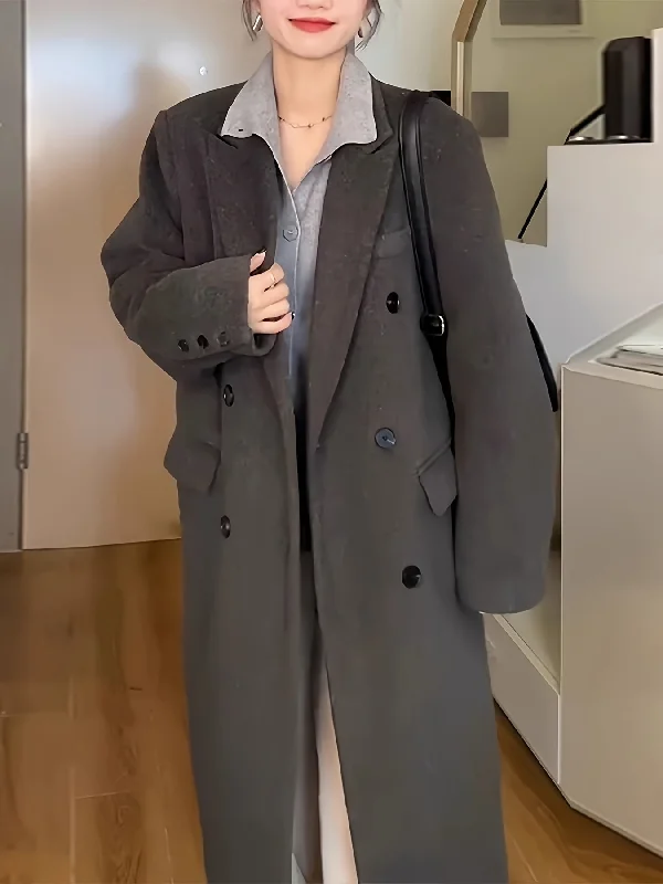 Weekend Discounts to Indulge In Sixsr Notched Collar Double-breasted Coat, Casual Long Sleeve Midi Overcoat For Fall & Winter, Women's Clothing