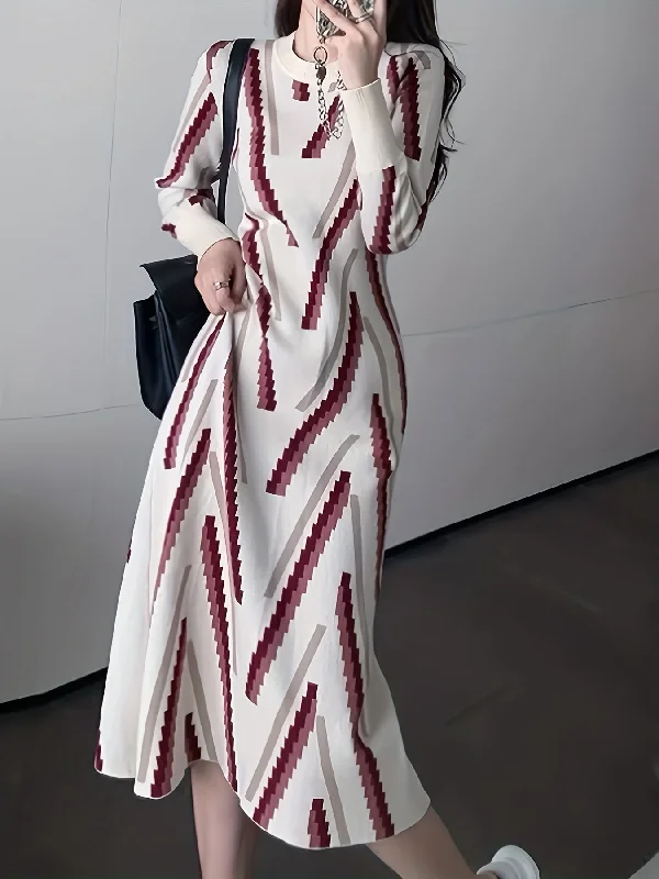 Weekend Savings Fiesta Sixsr Striped Pattern Sweater Dress, Crew Neck Long Sleeve Slim Elegant Dress, Women's Clothing Weekend Savings Fiesta Sixsr Striped Pattern Sweater Dress, Crew Neck Long Sleeve Slim Elegant Dress, Women's Clothing