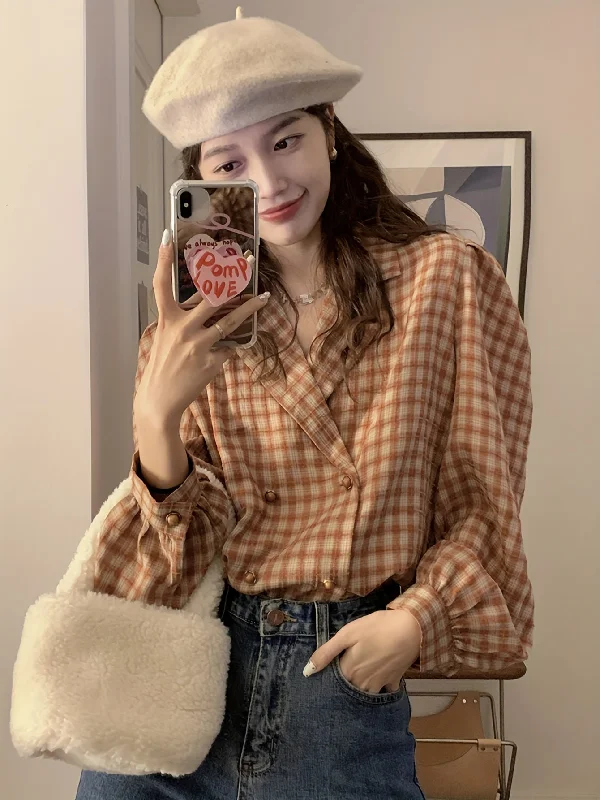 Amazing Value Sixsr Plaid Print Double-breasted Blouse, Elegant Puff Sleeve Notch Collar Blouse, Women's Clothing Amazing Value Sixsr Plaid Print Double-breasted Blouse, Elegant Puff Sleeve Notch Collar Blouse, Women's Clothing