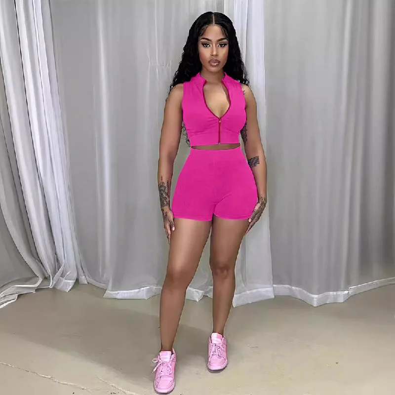 Today's Deal SIXSR T117 Popular and 2025 Summer Women's Leisure Sports Two-piece Suit Fashion Knitted Sleeveless Zipper Trim Body Today's Deal SIXSR T117 Popular and 2025 Summer Women's Leisure Sports Two-piece Suit Fashion Knitted Sleeveless Zipper Trim Body