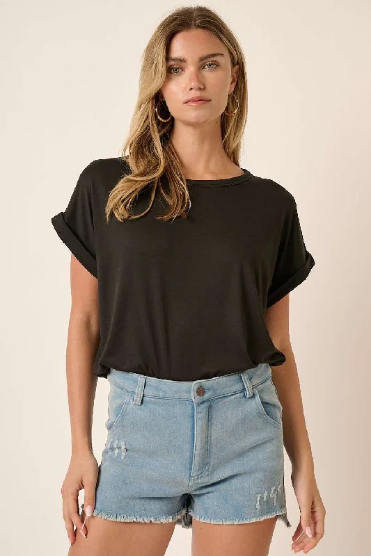 Year-End Sale Black Rolled Cuff Short Sleeve Top