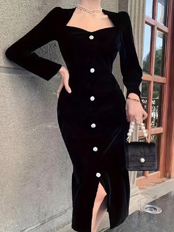 Weekend Discounts to Enjoy Sixsr Button Solid Color Dress, Elegant Long Sleeve Dress For Party & Banquet, Women's Clothing Weekend Discounts to Enjoy Sixsr Button Solid Color Dress, Elegant Long Sleeve Dress For Party & Banquet, Women's Clothing