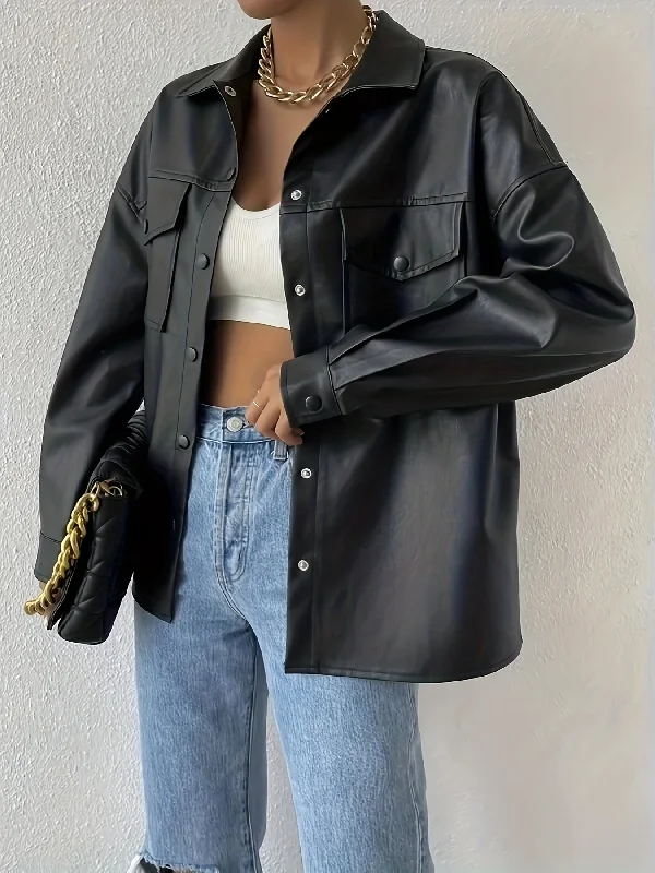 Weekend Savings Bonanza Sixsr Faux Leather Flap Pockets Jacket, Vintage Long Sleeve Drop Shoulder Solid Outwear , Women's Clothing Weekend Savings Bonanza Sixsr Faux Leather Flap Pockets Jacket, Vintage Long Sleeve Drop Shoulder Solid Outwear , Women's Clothing