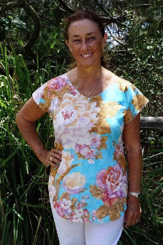 Act Now Aqua Flower Print Short Sleeve Cotton Top