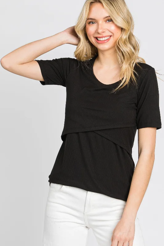 Big Savings Black Ribbed Wrap Front Nursing Top