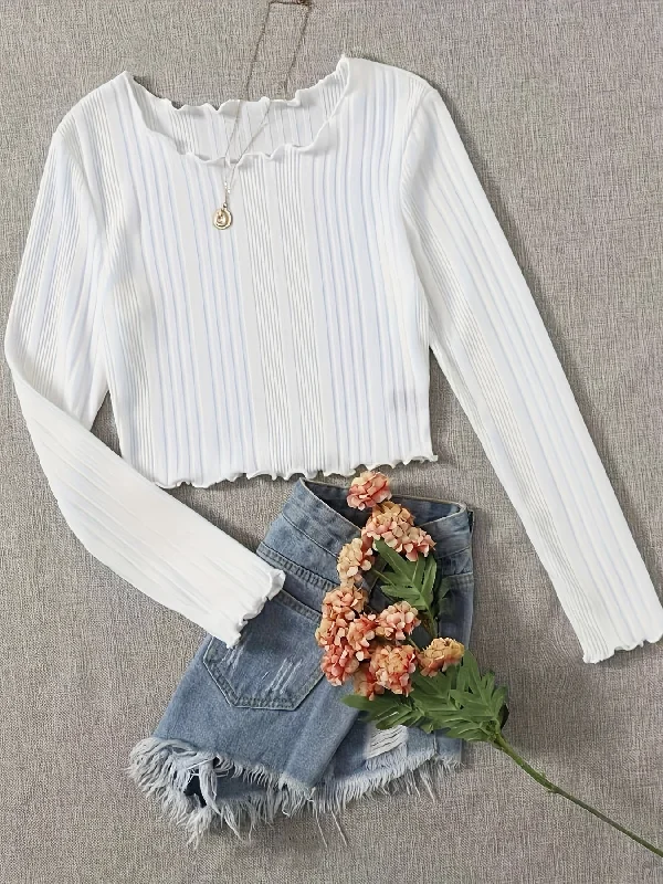 Weekend Sale: Don't Miss Out Sixsr Lettuce Trim Crew Neck T-Shirt, Casual Long Sleeve T-Shirt For Spring & Fall, Women's Clothing Weekend Sale: Don't Miss Out Sixsr Lettuce Trim Crew Neck T-Shirt, Casual Long Sleeve T-Shirt For Spring & Fall, Women's Clothing