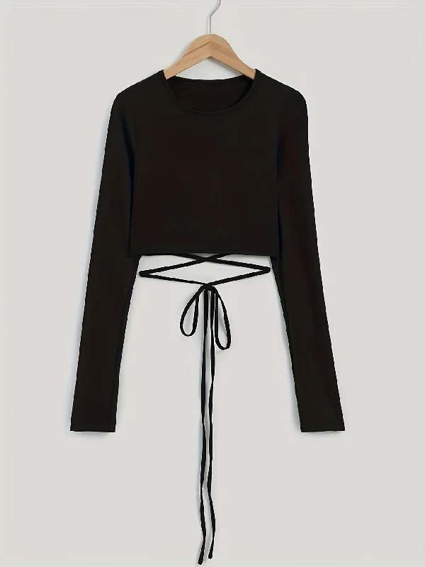 Weekend Savings Extravaganza Sixsr Solid Cross Strap Mock Neck Crop T-Shirt, Casual Long Sleeve Top For Spring & Fall, Women's Clothing Weekend Savings Extravaganza Sixsr Solid Cross Strap Mock Neck Crop T-Shirt, Casual Long Sleeve Top For Spring & Fall, Women's Clothing