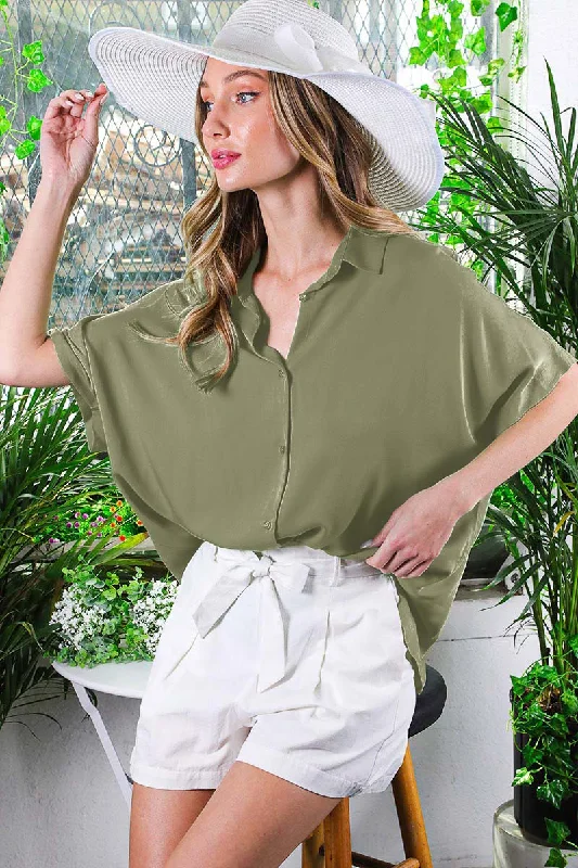 Fantastic Savings Olive Dolman Sleeve Button Down Blouse