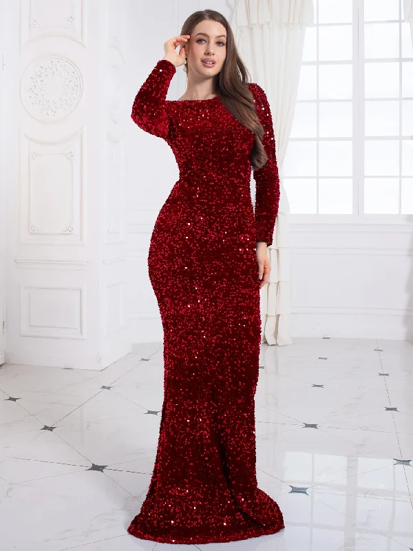 Great Bargain Sixsr Contrast Sequin Mermaid Hem Dress, Elegant Long Sleeve Evening Party Dress, Women's Clothing Great Bargain Sixsr Contrast Sequin Mermaid Hem Dress, Elegant Long Sleeve Evening Party Dress, Women's Clothing