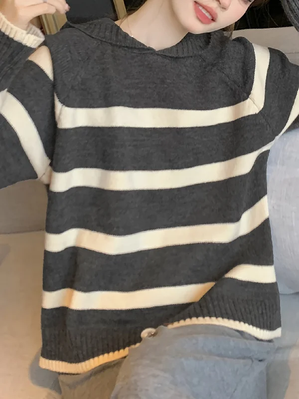 Weekend Price Cuts Galore Sixsr Striped Pattern Hooded Sweater, Casual Long Sleeve Sweater For Fall & Winter, Women's Clothing