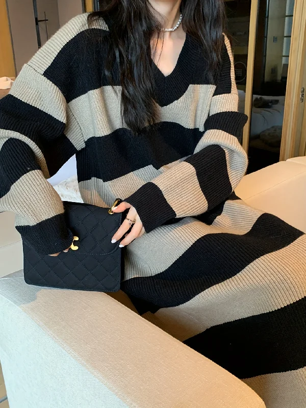 Super Deal Sixsr Striped Drop Shoulder Sweater Dress, Casual V Neck Long Sleeve Maxi Dress, Women's Clothing Super Deal Sixsr Striped Drop Shoulder Sweater Dress, Casual V Neck Long Sleeve Maxi Dress, Women's Clothing