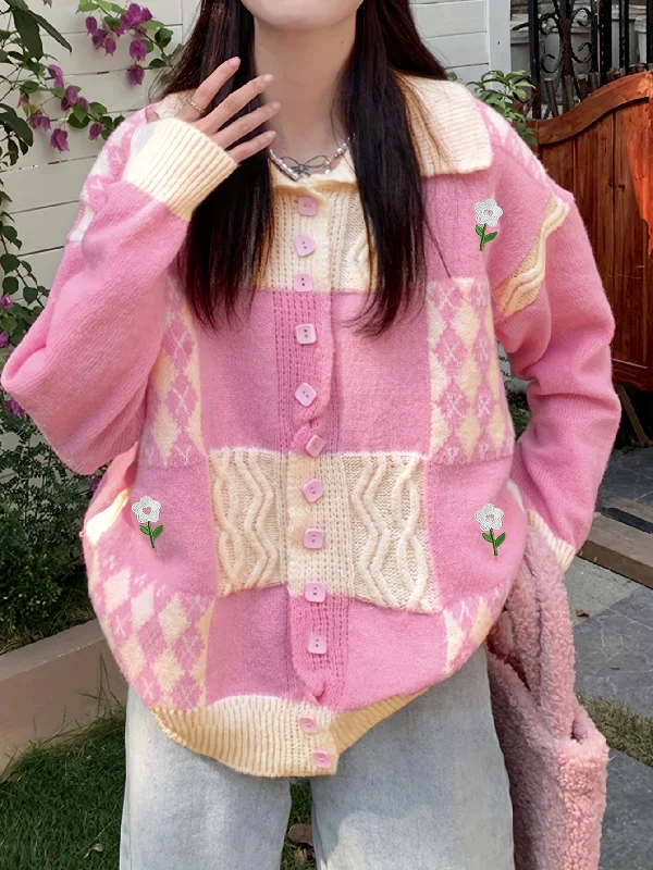 Lowest Price Sixsr Flower & Plaid Pattern Single Breasted Cardigan, Sweet Long Sleeve Cardigan For Fall & Winter, Women's Clothing Lowest Price Sixsr Flower & Plaid Pattern Single Breasted Cardigan, Sweet Long Sleeve Cardigan For Fall & Winter, Women's Clothing