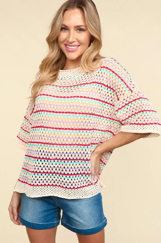 Special Offer Multi Color Stripe Crochet Sweater Knit Top