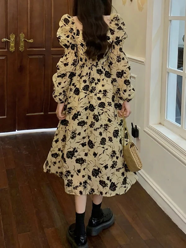 Weekend Bargains to Cherish Sixsr Floral Print Square Neck Dress, Elegant Long Sleeve Dress For Spring & Fall, Women's Clothing Weekend Bargains to Cherish Sixsr Floral Print Square Neck Dress, Elegant Long Sleeve Dress For Spring & Fall, Women's Clothing