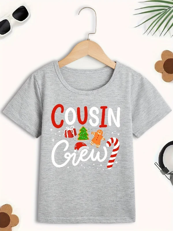 Weekend Specials to Cherish Cousin Crew Holiday Kids T-Shirt - PolyCotton Blend, Cute Crew Neck, Short Sleeve Knit Top for Summer, Christmas Tree & Candy Cane Alphabet Print, Regular Fit for Children Under 12