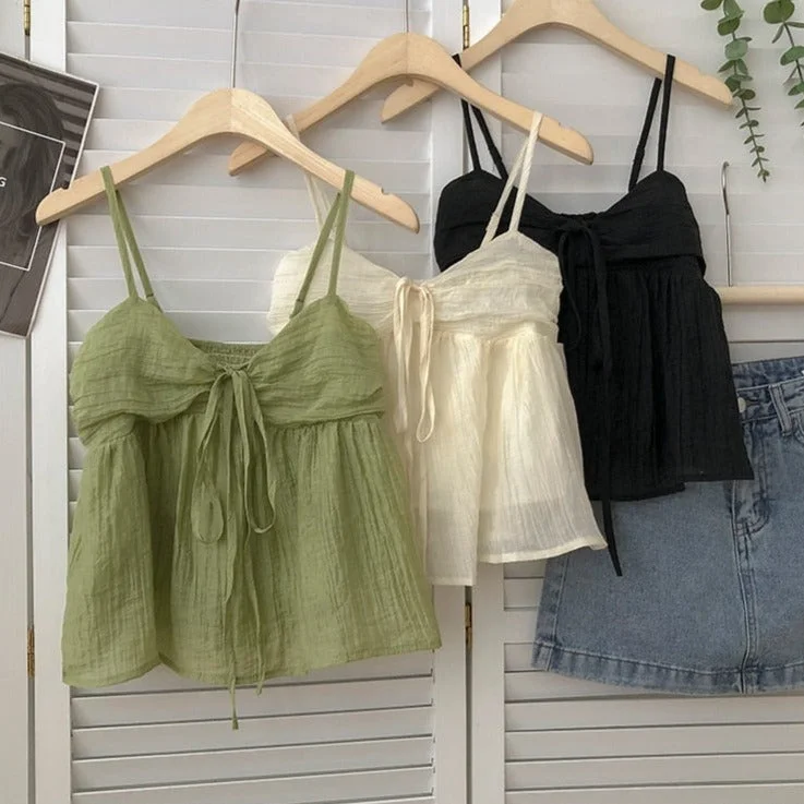Weekend Deals That Amaze Summer New Korean Style Sweet Crop Tops All-Match Bow Tie Sleeveless Short Mesh Outer Wear Spaghetti-Strap Camisole Top