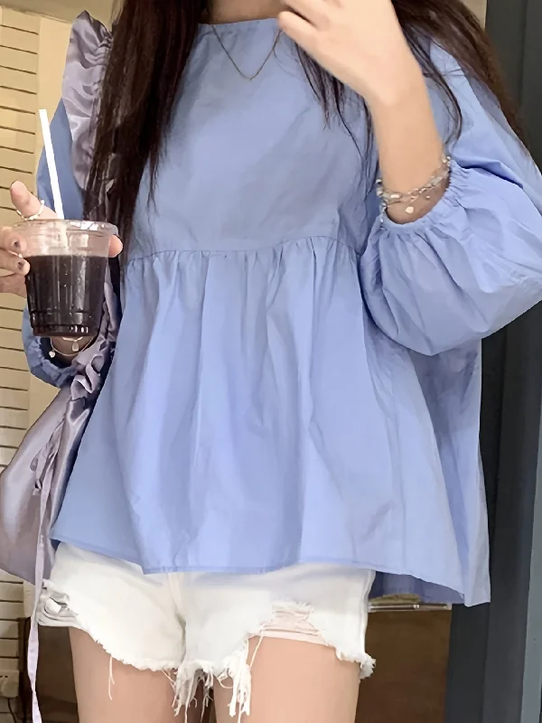 Sale Event Sixsr Solid Crew Neck Smocked Blouse, Casual Long Sleeve Blouse For Spring & Fall, Women's Clothing Sale Event Sixsr Solid Crew Neck Smocked Blouse, Casual Long Sleeve Blouse For Spring & Fall, Women's Clothing