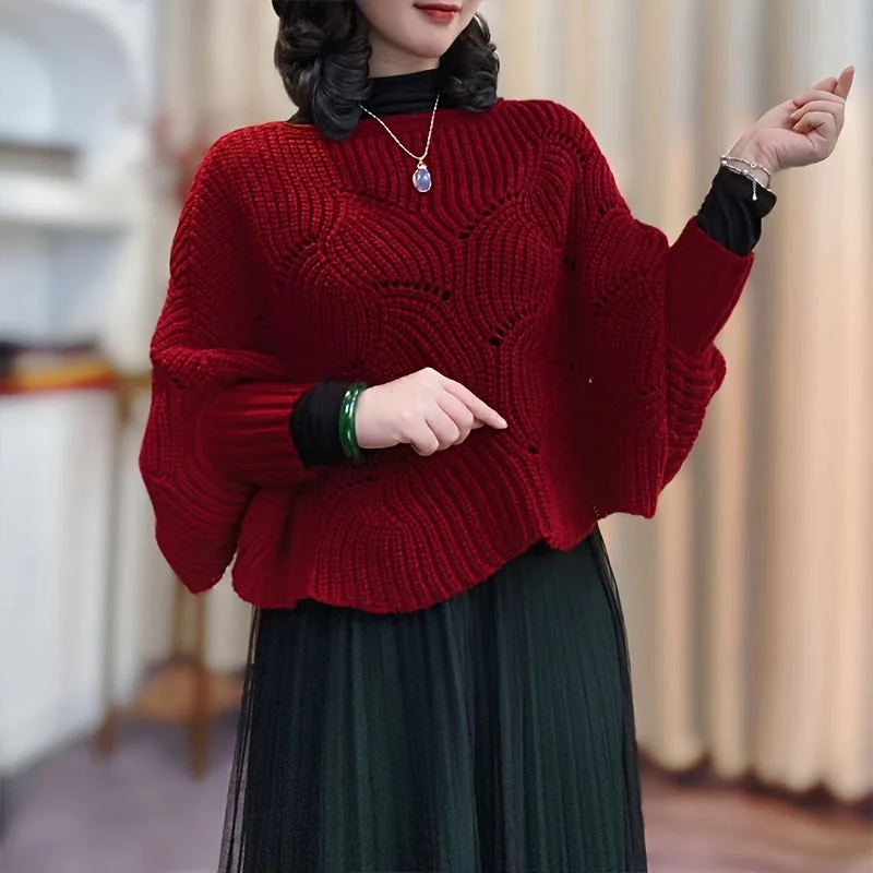Reduced Price Sixsr Elegant Hollow Out Knitted Shawl Stylish Solid Color Pullover Coat Autumn Winter Warm Versatile Bat Sleeves Cloak Reduced Price Sixsr Elegant Hollow Out Knitted Shawl Stylish Solid Color Pullover Coat Autumn Winter Warm Versatile Bat Sleeves Cloak