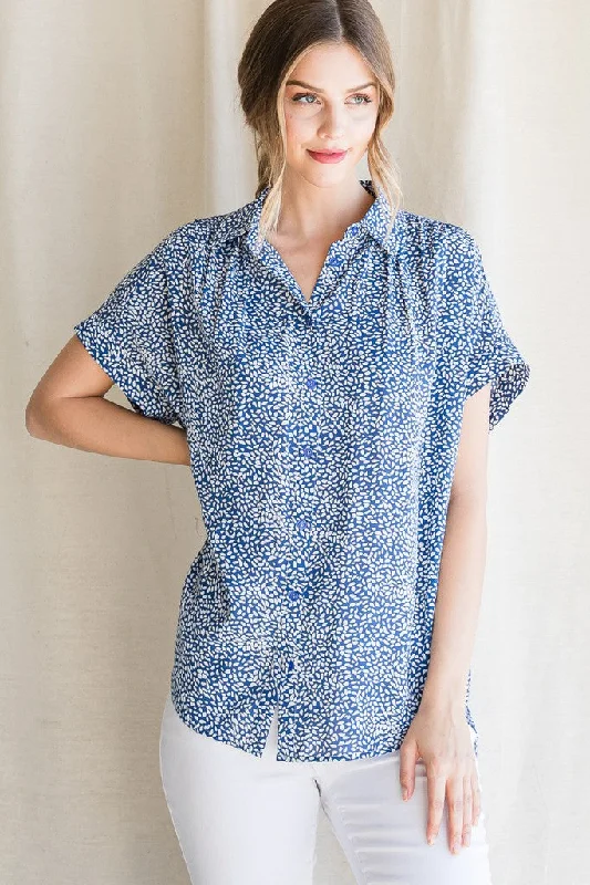 Reduced Rates Blue Print Collared Button Up Top