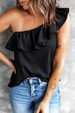 Weekend Offers That Tempt Ruffle One Shoulder Crinkle Tank