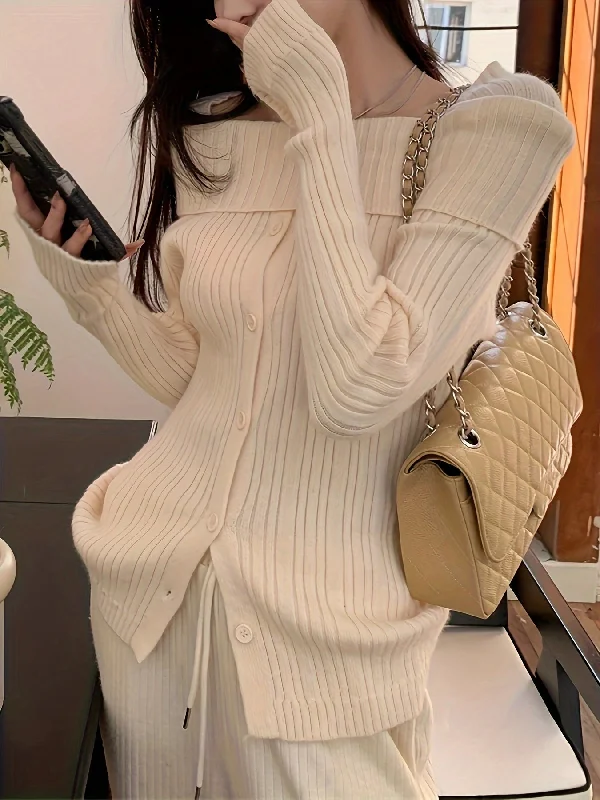 Weekend Specials to Delight Sixsr Solid Off Shoulder Rib Knit Sweater, Elegant Button Front Long Sleeve Slim Sweater, Women's Clothing Weekend Specials to Delight Sixsr Solid Off Shoulder Rib Knit Sweater, Elegant Button Front Long Sleeve Slim Sweater, Women's Clothing