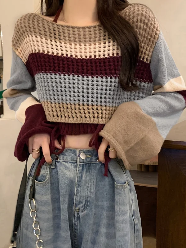 Weekend Bargains to Cherish Sixsr Striped Boat Neck Knit Sweater, Casual Long Sleeve Crop Sweater For Fall & Spring, Women's Clothing