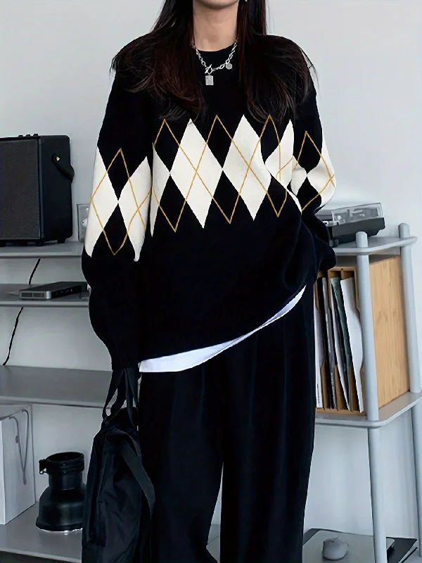 Lowest Rates Sixsr Argyle Pattern Knit Sweater, Casual Long Sleeve Pullover Sweater, Women's Clothing