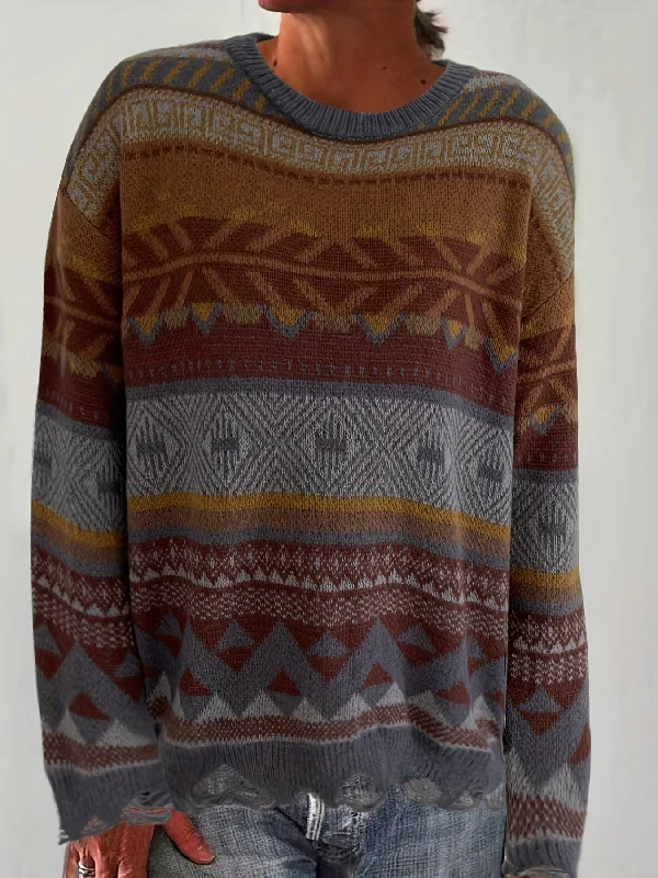 Today's Deal Sixsr Graphic Print Ripped Knit Sweater, Vintage Crew Neck Long Sleeve Sweater, Women's Clothing Today's Deal Sixsr Graphic Print Ripped Knit Sweater, Vintage Crew Neck Long Sleeve Sweater, Women's Clothing