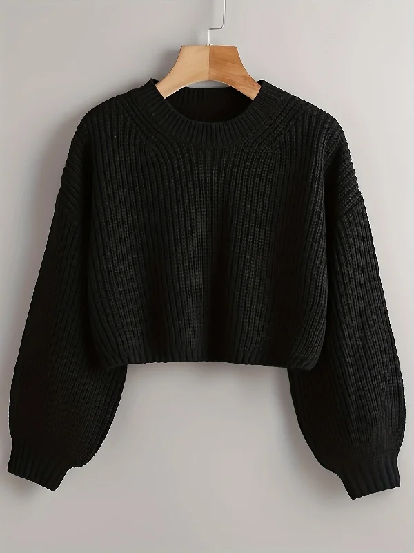 New Arrival Sixsr Solid Crew Neck Crop Sweater, Casual Lantern Sleeve Comfy Pullover Sweater, Women's Clothing