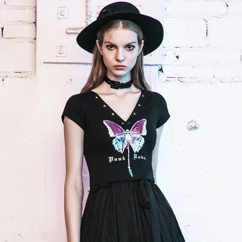 Flash Deal Women's V-neck Eyelets Butterfly Pattern Fitted T-shirts