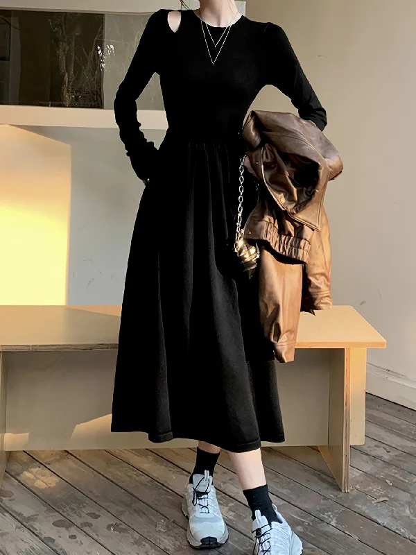 Weekend Specials Just for You Sixsr Cut Out Long Sleeve A-line Dress, Chic Crew Neck Midi Length Dress, Women's Clothing Weekend Specials Just for You Sixsr Cut Out Long Sleeve A-line Dress, Chic Crew Neck Midi Length Dress, Women's Clothing