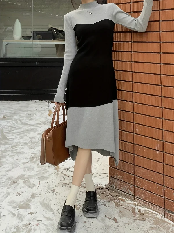 Weekend Deals That Sparkle Sixsr Color Block Long Sleeve Knit Dress, Casual Mock Neck Asymmetric Hem A-line Dress, Women's Clothing Weekend Deals That Sparkle Sixsr Color Block Long Sleeve Knit Dress, Casual Mock Neck Asymmetric Hem A-line Dress, Women's Clothing