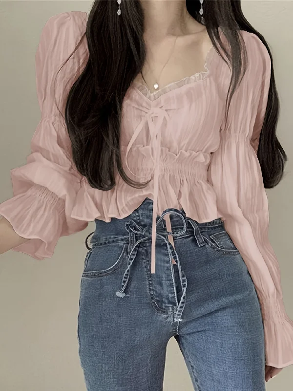 Weekend Discounts to Snag Sixsr Ruffle Trim Sweetheart Neck Blouse, Chic Puff Sleeve Cinched Waist Crop Blouse For Spring & Fall, Women's Clothing Weekend Discounts to Snag Sixsr Ruffle Trim Sweetheart Neck Blouse, Chic Puff Sleeve Cinched Waist Crop Blouse For Spring & Fall, Women's Clothing