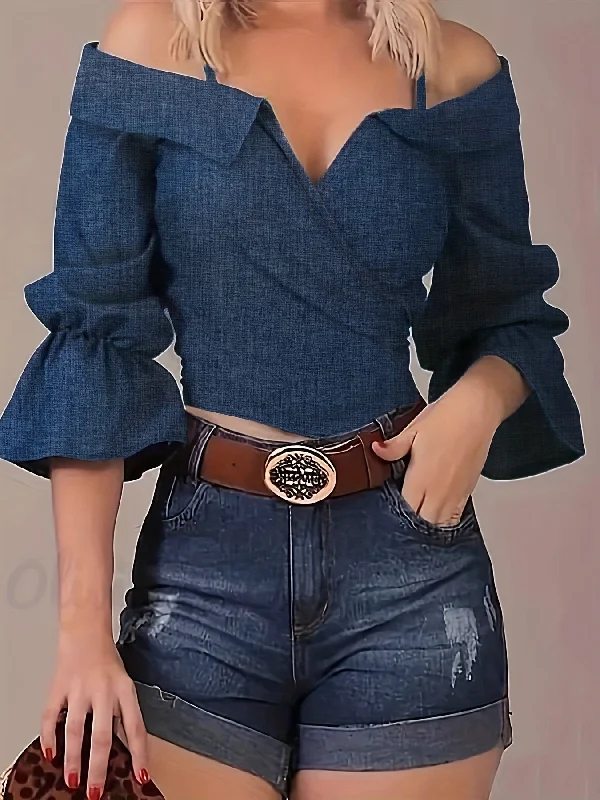 Weekend Offers That Amaze Sixsr  Solid Spaghetti Strap Blouse, Casual Bell Sleeve Surplice Neck Blouse, Women's Clothing