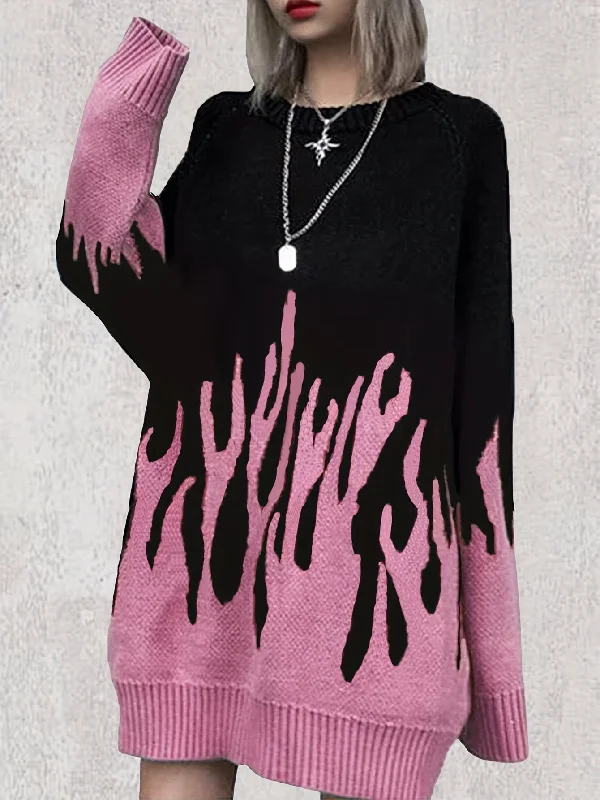 Can't Beat Flame Pattern Sweater Dress, Casual Crew Neck Long Sleeve Dress, Women's Clothing Can't Beat Flame Pattern Sweater Dress, Casual Crew Neck Long Sleeve Dress, Women's Clothing