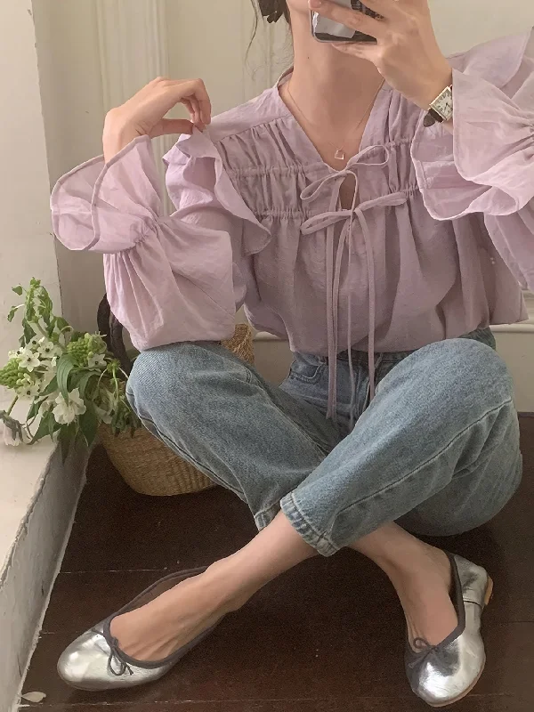Reduced Rates Sixsr Solid Ruffle Trim Tie Front Blouse, Sweet Long Sleeve Blouse For Spring & Fall, Women's Clothing Reduced Rates Sixsr Solid Ruffle Trim Tie Front Blouse, Sweet Long Sleeve Blouse For Spring & Fall, Women's Clothing