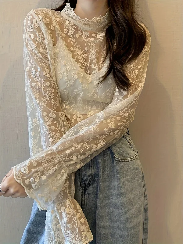 Weekend Savings Delight Sixsr Guipure Lace Overlay Flare Sleeve Blouse, Casual Mock Neck Long Sleeve Blouse, Women's Clothing Weekend Savings Delight Sixsr Guipure Lace Overlay Flare Sleeve Blouse, Casual Mock Neck Long Sleeve Blouse, Women's Clothing