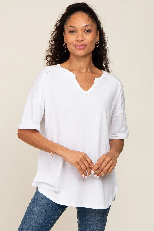 Weekend Savings Bonanza White Oversized V-Neck Cuffed Short Sleeve Tee