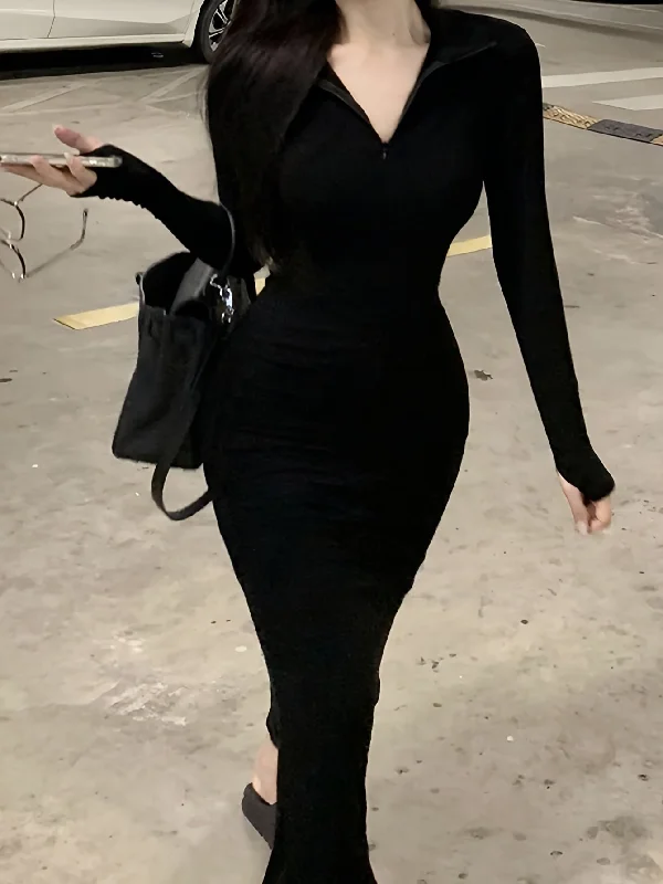 While Supplies Last Solid Color Zipper Lapel Slim Dress, Chic Long Sleeve Maxi Length Dress, Women's Clothing While Supplies Last Solid Color Zipper Lapel Slim Dress, Chic Long Sleeve Maxi Length Dress, Women's Clothing