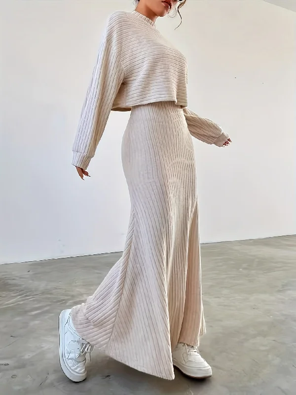 Instant Deal Sixsr Solid Color Two-piece Set, Crew Neck Long Sleeve Top & Tank Maxi Dress Outfits, Women's Clothing Instant Deal Sixsr Solid Color Two-piece Set, Crew Neck Long Sleeve Top & Tank Maxi Dress Outfits, Women's Clothing